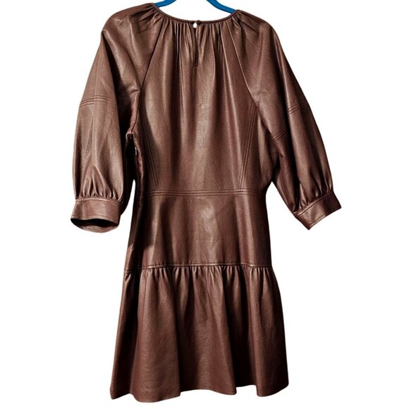 Rebecca Taylor Purple Faux Leather Gathered Puff Sleeve Tiered Dress Size 14 - Picture 3 of 15